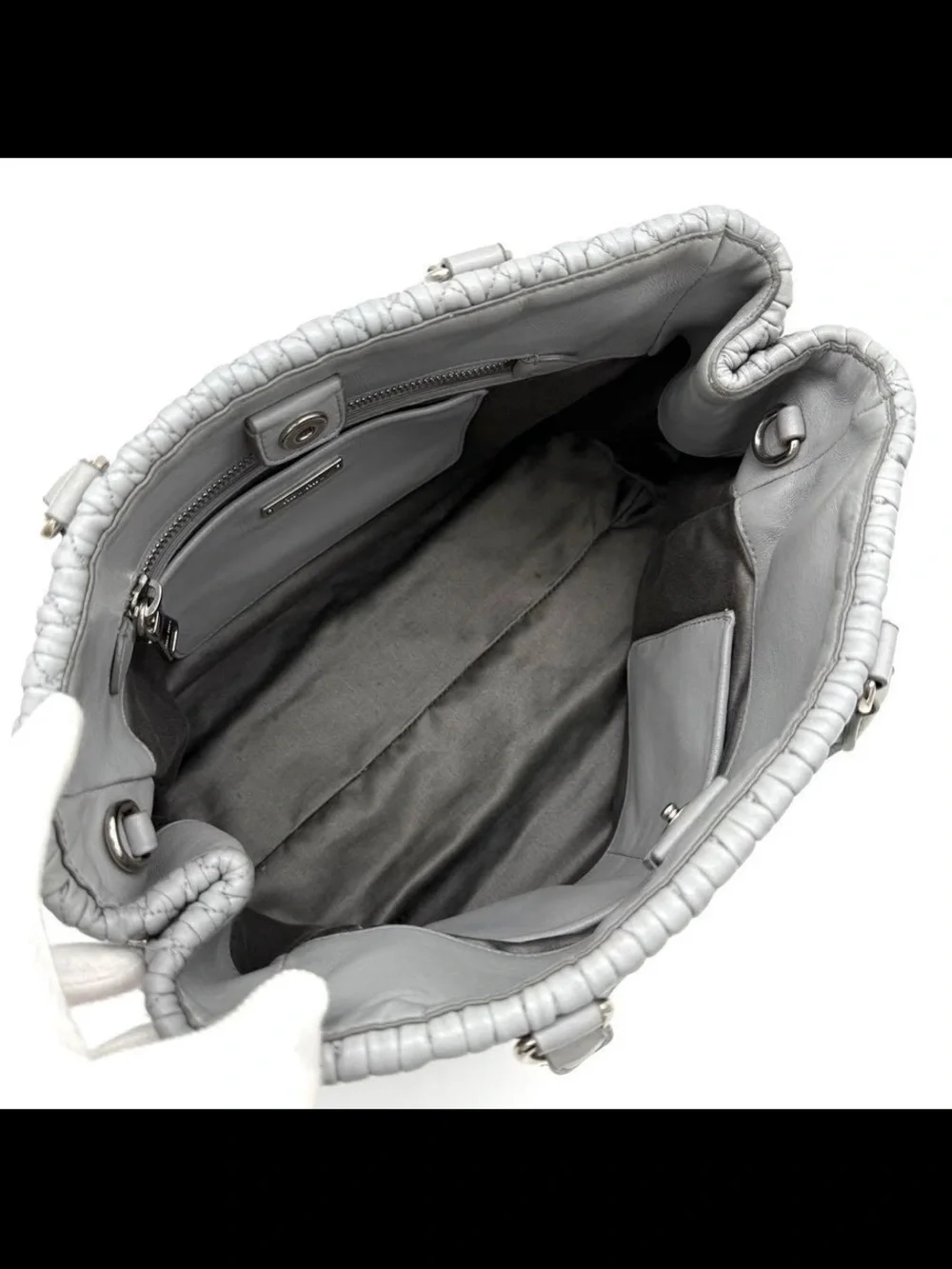 Miu Miu Silver-Gray Quilted Tote with Crystal-Embellished Chain